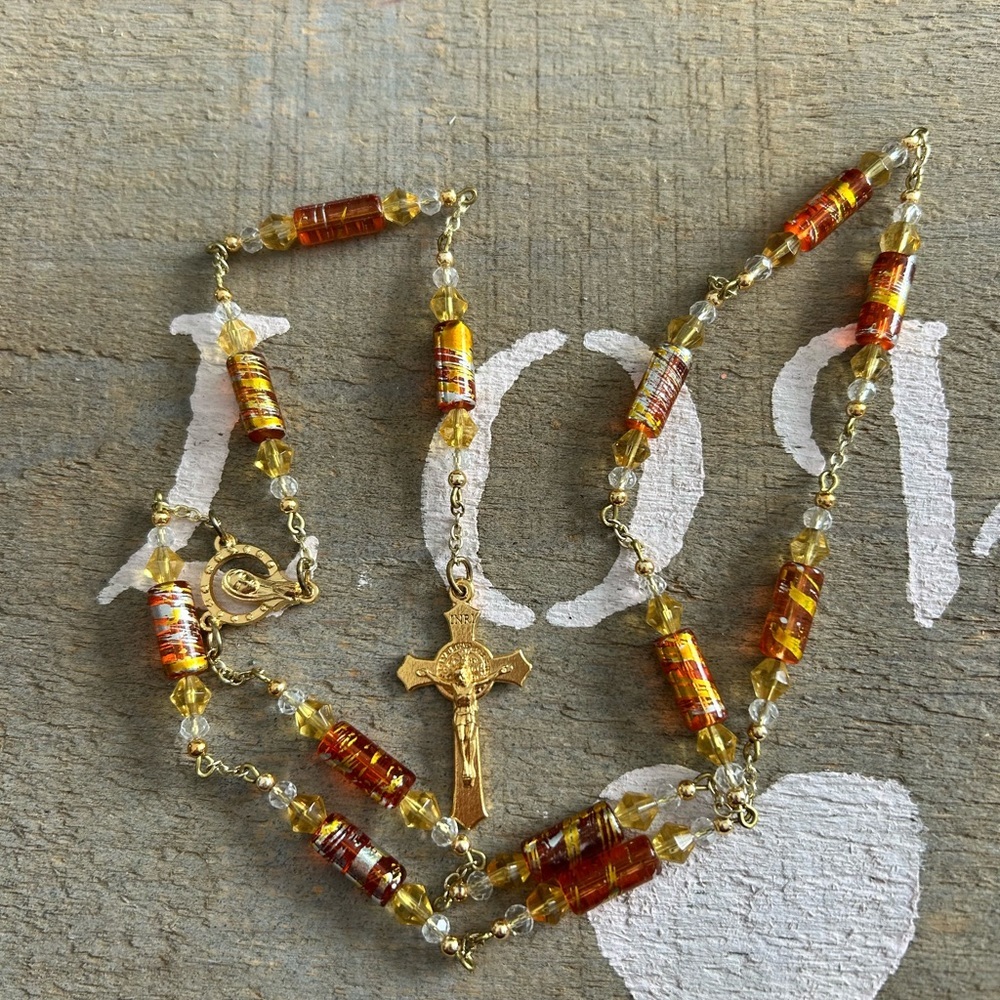 4/$100 ROSARY Elegant Gold and ORANGE Beaded Necklace